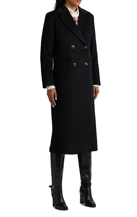 Black Double-Breasted Wool Blend Overcoat