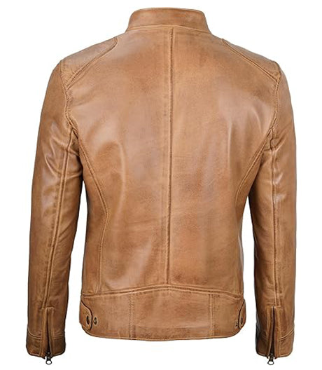 Camel Brown Men's Leather Cafe Racer Jacket