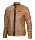 Camel Brown Men's Leather Cafe Racer Jacket 