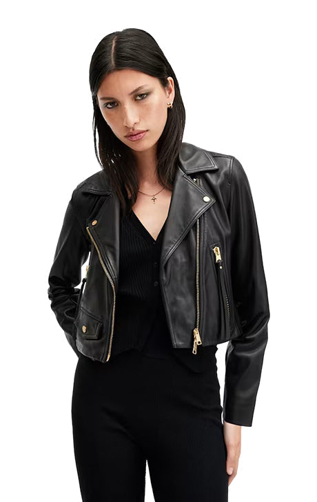 Elora Cropped Moto Jacket in Black Leather - BY