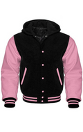 BLACK AND PINK HOODED VARSITY JACKET - Versatile Jackets