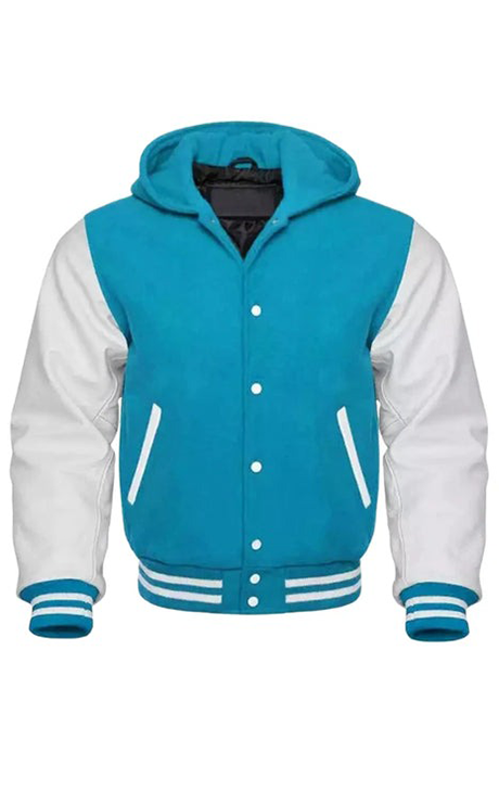 CYAN AND WHITE VARSITY JACKET WITH HOOD - Versatile Jackets