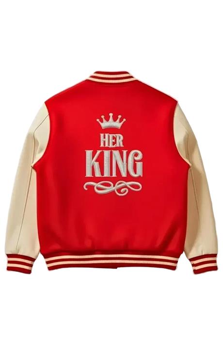 Her King Custom Patch Varsity Jacket – Premium Red & Cream Streetwear - Versatile Jackets