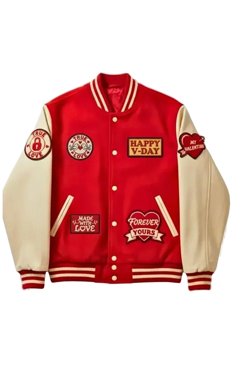 Her King Custom Patch Varsity Jacket – Premium Red & Cream Streetwear - Versatile Jackets