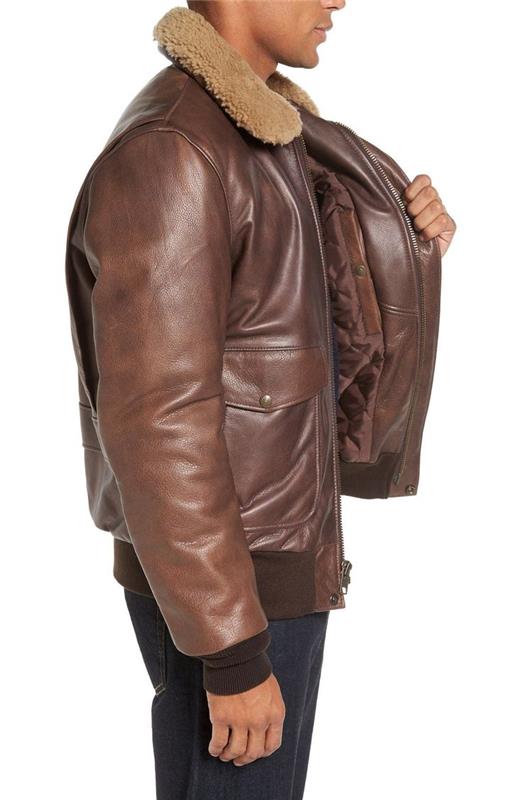  Brown Leather Bomber Jacket with Shearling Collar