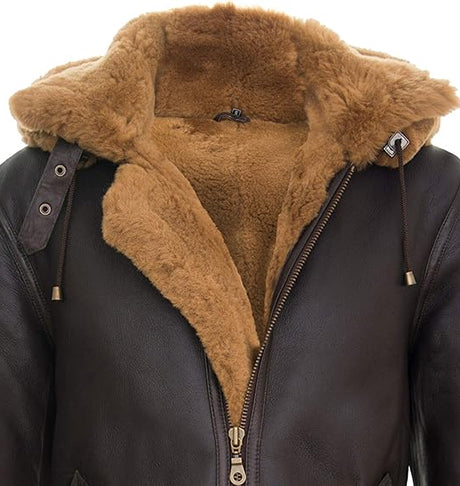  Dark Brown Shearling Hooded Leather Jacket