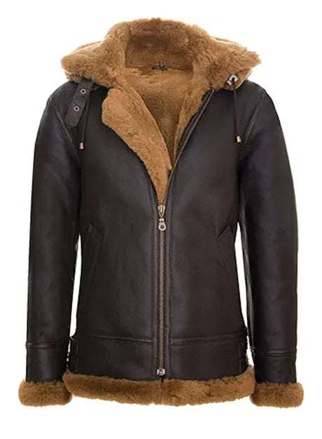  Dark Brown Shearling Hooded Leather Jacket