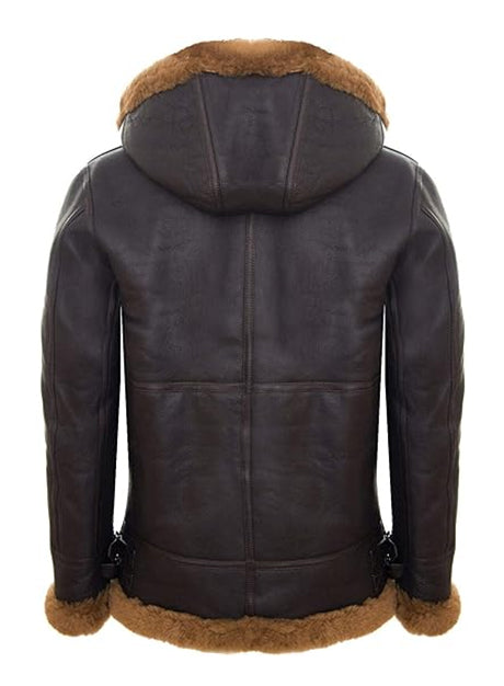 Dark Brown Shearling Hooded Leather Jacket