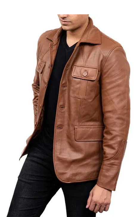 Cognac Lambskin Leather Blazer