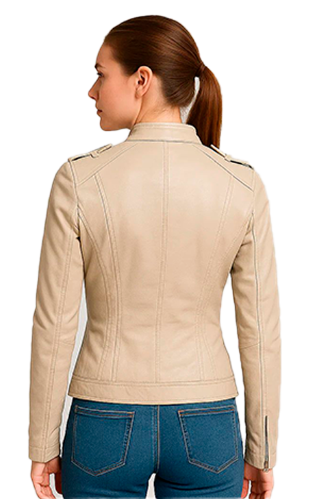 Beige Fitted Leather Jacket